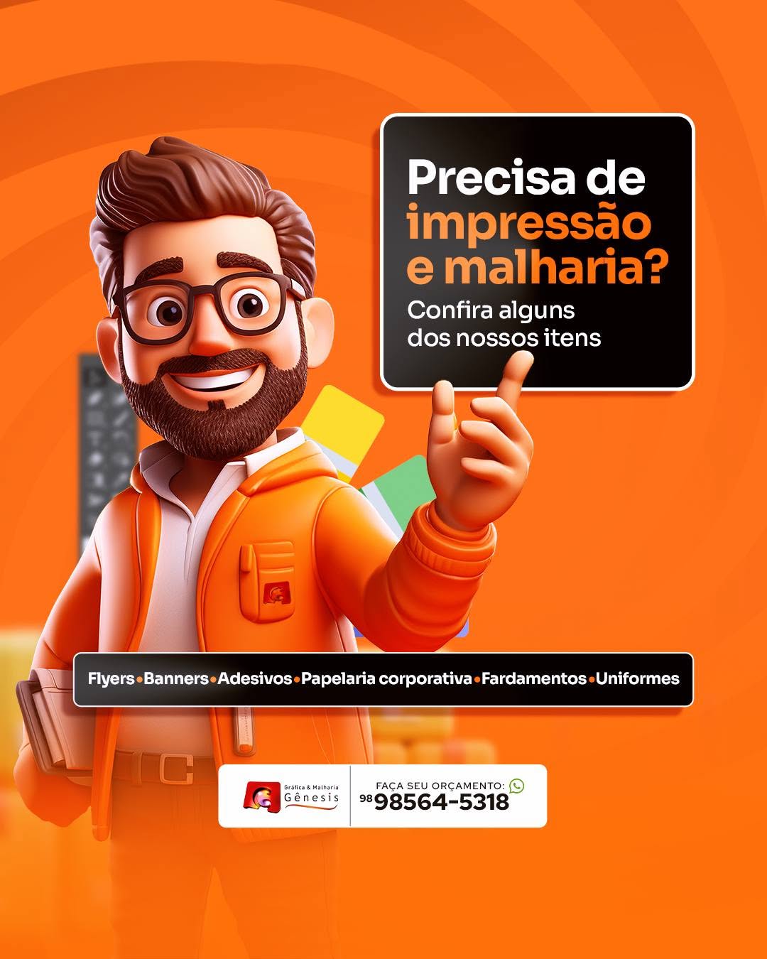 Publicação da Gráfica Gênesis sobre impressão, banners, adesivos e uniformes.